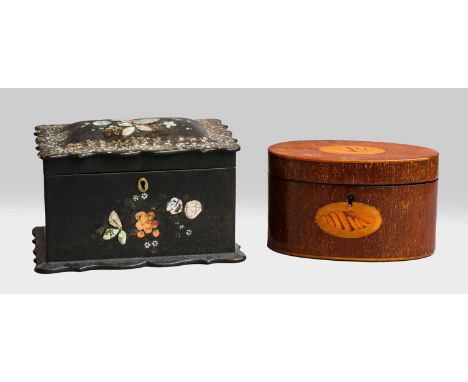 A Regency mother of pearl inlaid sewing box, a George III inlaid mahogany single tea caddy, and a Victorian mother of pearl a