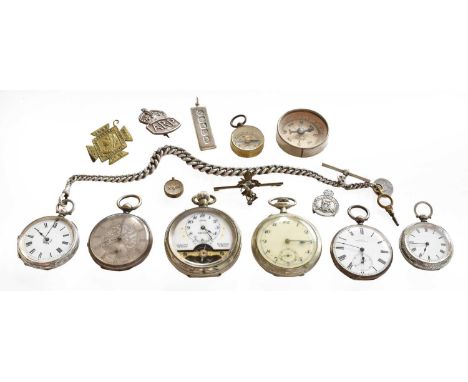 An eight-day open face silver plated pocket watch, two ladies fob watches, silver curb link chain, three other plated pocket 