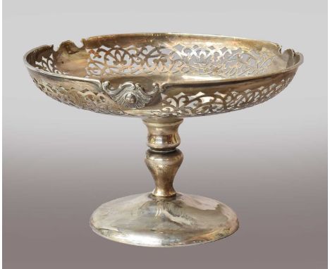 A George V silver tazza with pierced rim by William Aitken, Birmingham 1916, 356gNo splits, holes or solder repairs. Light we