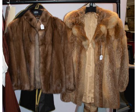 Light brown mink fur jacket with long cuffed sleeves, nehru style collar, 38" bust; Red fox fur jacket with collar and long s