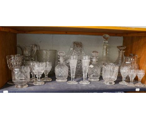 A collection of Georgian and later glass including three-ringed decanter, water jug, part suite of Georgian wines and three t