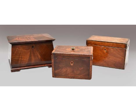 A George III inlaid crossbanded mahogany two-division tea caddy, 16cm by 11cm by 11cm, a further inlaid George III mahogany t