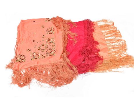 Early 20th Century Silk Evening Shawls, comprising a bright pink example with fringing, 110cm square; another in peach silk w