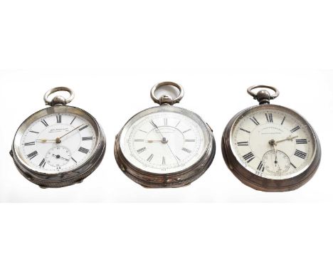 A silver chronograph pocketwatch another silver pocketwatch retailed by S. Lichtenstein Manchester and an open face silver po