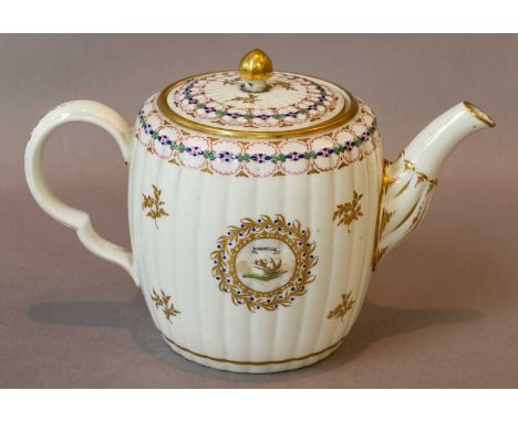 A Caughley fluted teapot and cover, circa 1780, with coloured enamel and gilt borders, painted with a small circular cartouch