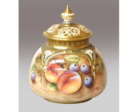 A Royal Worcester potpourri jar and cover, painted with peaches and grapes, printed black mark, signed indistinct, shape numb