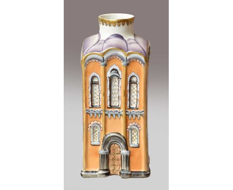 A Lomonosov flask, moulded in the form of a building and coloured in enamels with an orange ground, red mark, St PetersburgFr