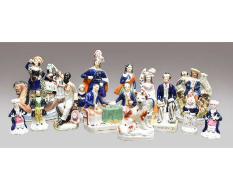 A collection of Victorian Staffordshire pottery portrait figures, including William Tell, R. Cobden , Uncle Tom and Eva, toge