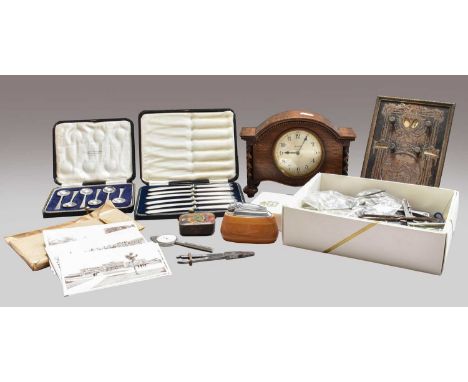 Perpetual calendar, silver cutlery, oak mantel timepiece, pocket knife, lighter etc