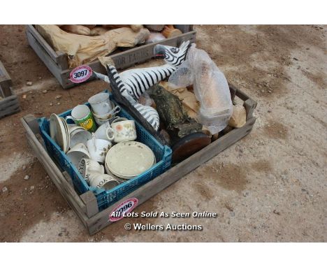 *CRATE OF VARIOUS WOODEN ANIMALS TOGETHER WITH TEA CUPS AND SAUCERS