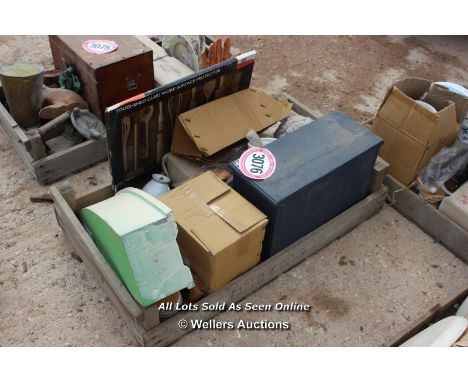 *CRATE OF VARIOUS BYGONES INCLUDING A BOAT SHELF