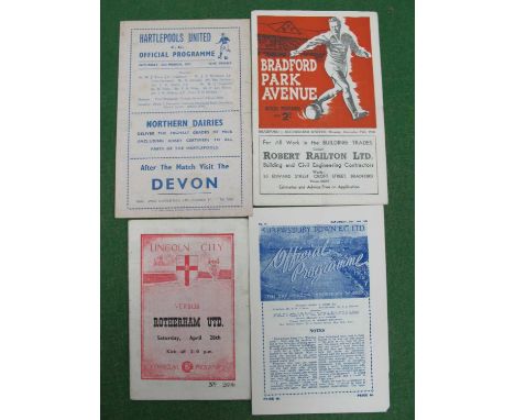 Rotherham United 1950-1 Away Programmes, at Shrewsbury - Towns first league season, Lincoln, Hartlepool, Bradford Park Avene 