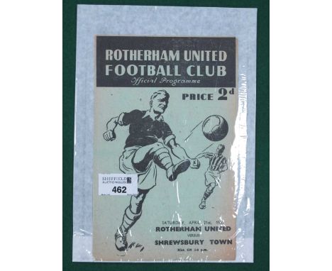 1950-1 Shrewsbury Town Away Programme at Rotherham United, dated April 21st, 1951, town's first season in the Football League