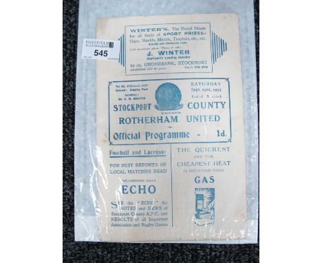 1933-4 Stockport County v. Rotherham United Gatefold Programme, for The First Team Fixture, dated September, 23rd 1933, Count