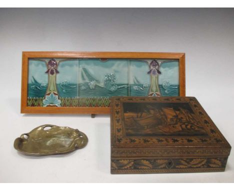 An Art Nouveau three tile panel together with a brass Art Nouveau pin tray and a Tunbridge ware sloped box (3)
