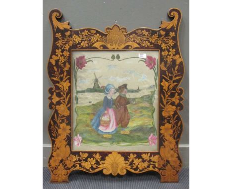 A Dutch firescreen, the border decorated with flowers and insects, the central panel painted with children in a landscape sce