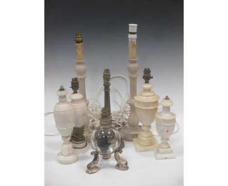 A pair of painted table lamps 45cm, a 'crystal ball' lamp on a metal base, a mahogany table lamp and four alabaster table lam