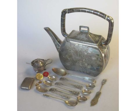 A small collection of silver spoons, a silver mustard, a small silver snuffbox and some other sundry items together with a si