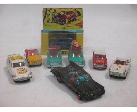 Various loose Corgi models and others, including Batmobile, Saint Volvo, Surfing Mini (boxed), 2 Thrushbuster empty boxes, et