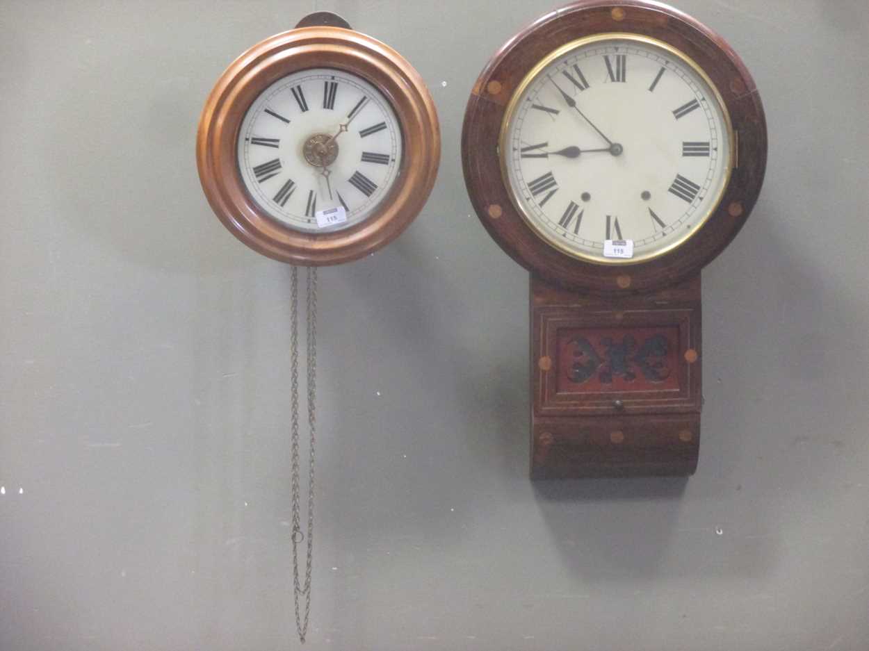 A postman's alarm wall clock, a Vienna type drop dial wall clock and a