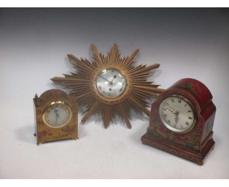 Two Chinoiserie case mantel clocks with replacement battery movements and an Elliott sunburst wall clock and another (4)