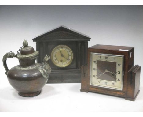 A Victorian slate mantle clock, together with a 1930s/40s oak mantle clock and a Turkish copper teapot (3)