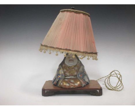 A polychromed ceramic seated Buddha lamp with shade