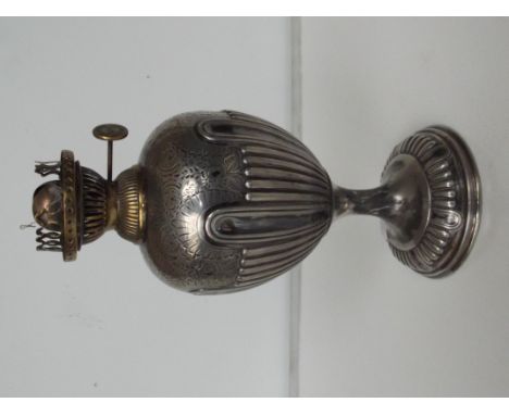 Late Victorian Walker & Hall oil lamp base, baluster form on a pedestal foot, bright cut and gadrooned decoration, Rd 183353,