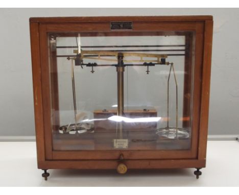 Cased set of Griffin & Tatlock scientific balance scales, Microid Senior Model, with cased set of microid weights, height 40c