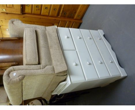 MODERN VICTORIAN STYLE WHITE FINISH CHEST OF TWO SHORT AND THREE LONG DRAWERS WITH 3/4 GALLERY TOP, KNOB HANDLES AND BRACKET 