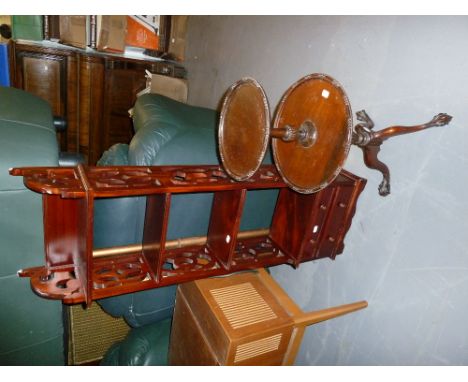 REPRODUCTION MAHOGANY DISPLAY SHELVES WITH TWO DRAWERS BELOW AND A MAHOGANY TRIPOD TWO TIER WINE TABLE (2) 