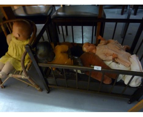 THREE PRE-WAR PLASTIC DOLLS AND A FELT DOLL OF SIMILAR AGE OF NORA WELLINGS TYPE, TOGETHER WITH A FOLDING BEECHWOOD CHILD'S D
