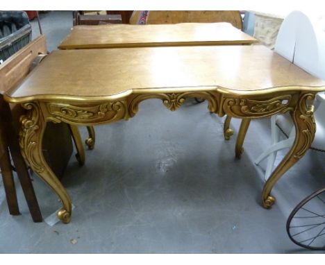 *PAIR OF GILT FINISH ROCOCO STYLE CONSOLE OR WRITING TABLES, OBLONG WITH YOKE FRONTS EACH FITTED WITH TWO SMALL END DRAWERS O