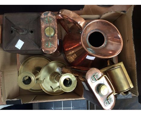 A collection of vintage metalware including Hudson's Soap string box, two World War I copper fuel cans named C.B.C. , two bra