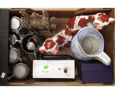 A pair of Staffordshire style dogs together with Steins, a clock, a model of a traction engine etc (1 box)