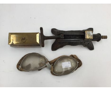 Edwardian/20s plated brass portable stove, a pair of goggles a/f, a Victorian gas pipe stove  attachment (3)
