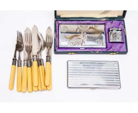 A cased cigarette case and matching lighter; together with a cigarette case and flatware (one bag) 