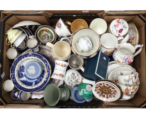 Royal Crown Derby, Derby Posies jug and trinket dishes; together with Booths Old Willow pattern plates and bowls, Commemorati