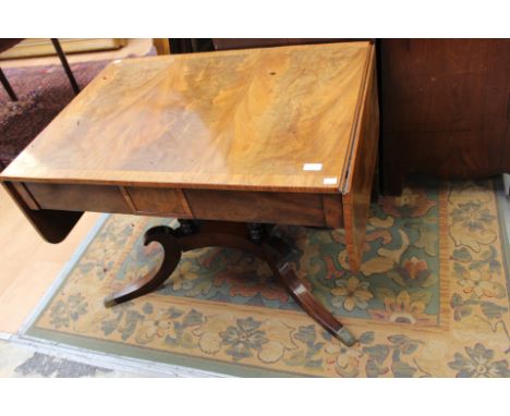 A 19th Century mahogany sofa table, fitted with two frieze drawers, turned supports, standing on a raised platform and suppor