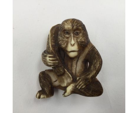 A fine Japanese Meiji period carved ivory netsuke, late 19th Century, of a seated monkey wearing traditional robe with large 