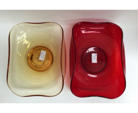 James Hogan for Whitefriars, two crimped rectangular bowls, ruby and amber (2) 