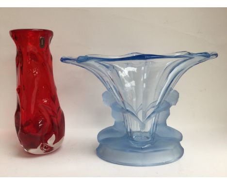 A Whitefriars encased Ruby 9845 knobbly vase 9½ inches approx with a blue Walter and Sohne Windsor vase (2) 