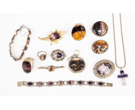 Blue John - a collection of Blue John jewellery, including brooches, ring, scarf ring, bracelet, fob watch, crucifix (13)