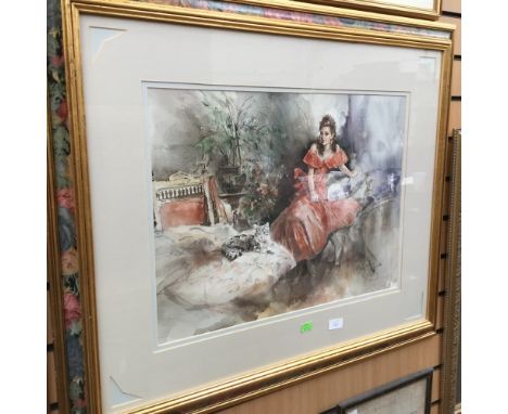 Print after Gordon King, depicting seated lady, in floral gilt frame.