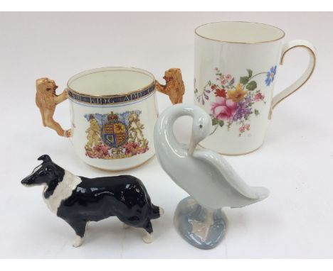 A Royal Crown Derby, Derby Posies mug; together with a Paragon Edward VIII Coronation mug, a Lladro Swan and a Beswick Sheep 