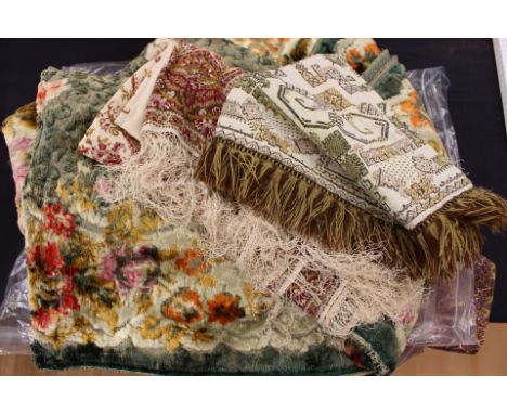 A silk crepe paisley shawl, with silk fringing, a gold threaded and patterned table runner, a silk and fine wool paisley shaw