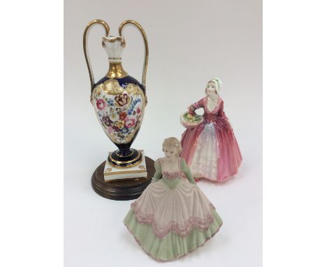 A Doulton figurine HN 1537 Janet; together with a bisque Coalport figurine and a hand painted twin handled vase (af) possibly