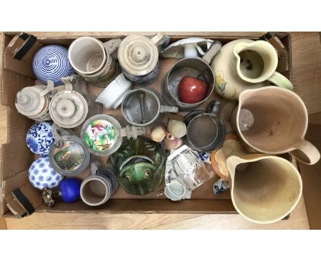 Jugs and tankards including Art Deco ceramic, Shorto, etc, pewter, German steins and stoneware, Guernsey pottery 