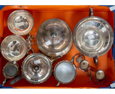 A collection of silver plate/EPNS including a Victorian engraved biscuit barrel; a Georgian style three piece tea set; a pair