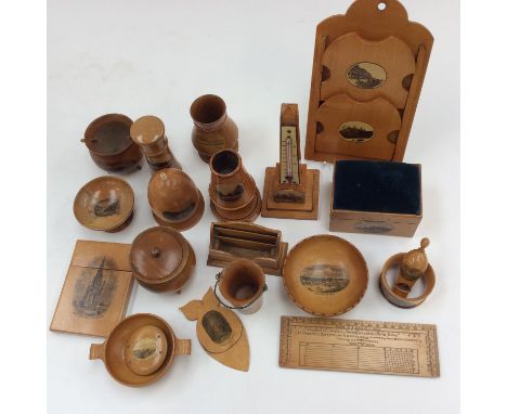 Mauchline ware: match striker, cauldrons, thermometer, cigarette holder, trinket box, etc (one bag) 
